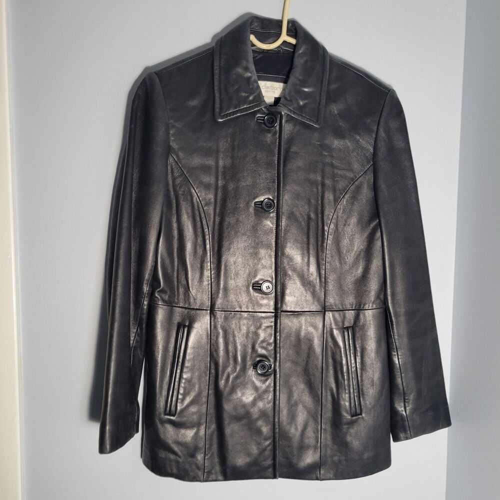 Liz Claiborne Vintage 100% Leather Black Button Front Collared Jacket Size SP